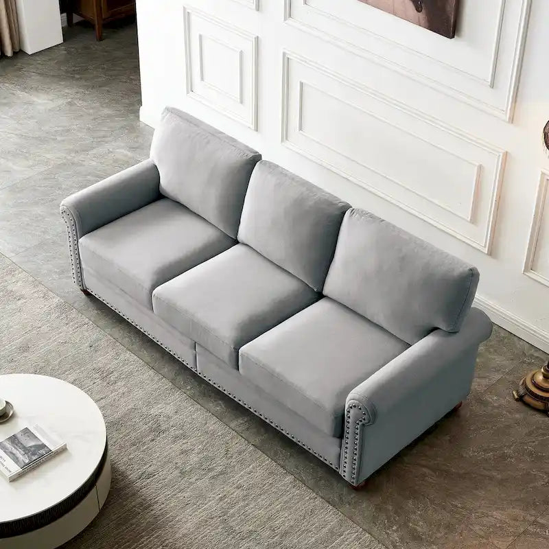 Kanapa tapicerowana tkaniną lnianą z miejscem do przechowywania, 3-osobowa sofa z ramą z litego drewna, okrągłymi podłokietnikami i zdejmowanymi poszewkami na poduszki.