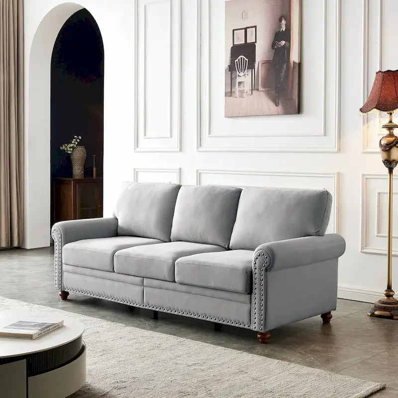 Kanapa tapicerowana tkaniną lnianą z miejscem do przechowywania, 3-osobowa sofa z ramą z litego drewna, okrągłymi podłokietnikami i zdejmowanymi poszewkami na poduszki.