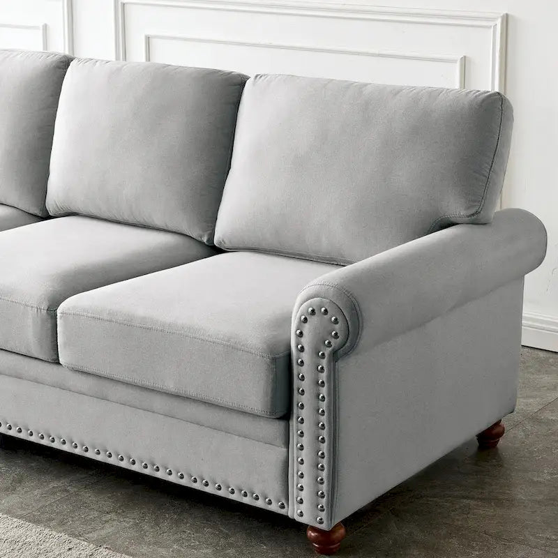 Kanapa tapicerowana tkaniną lnianą z miejscem do przechowywania, 3-osobowa sofa z ramą z litego drewna, okrągłymi podłokietnikami i zdejmowanymi poszewkami na poduszki.