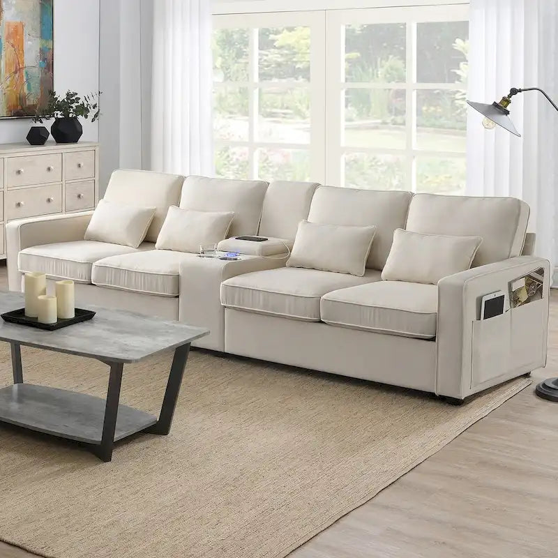 Nowoczesna Sofa Tapicerowana Tkaniną Lnopodobną z Konsolą, 4 Poduszkami, Uchwytami na Kubki, USB