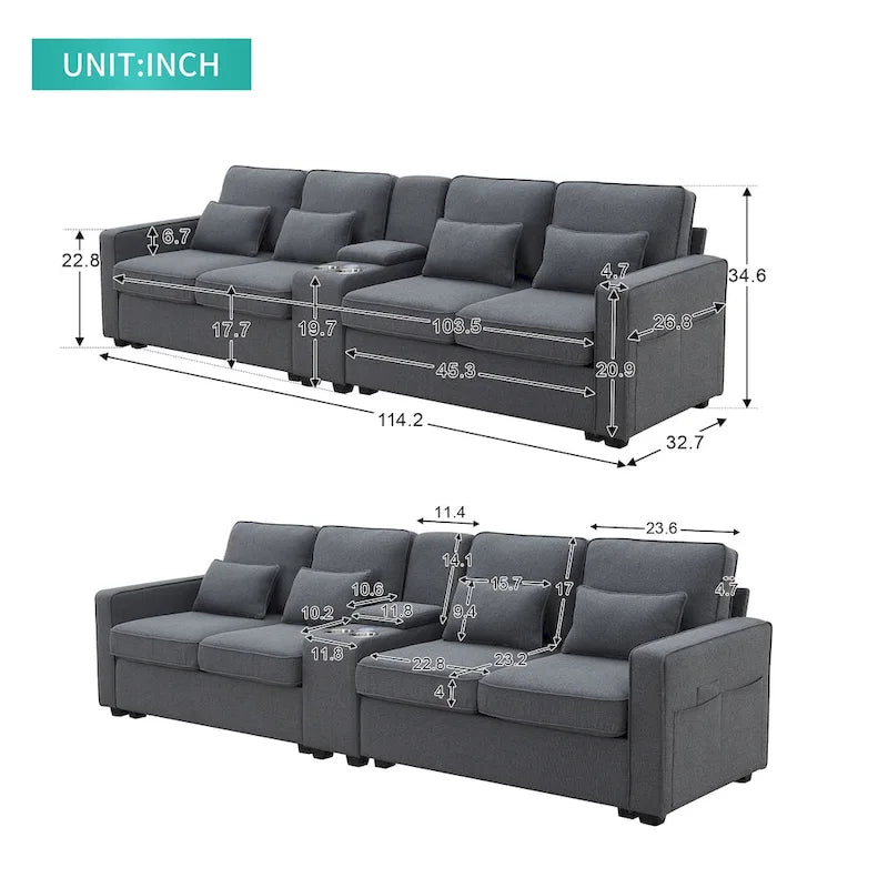 Nowoczesna Sofa Tapicerowana Tkaniną Lnopodobną z Konsolą, 4 Poduszkami, Uchwytami na Kubki, USB