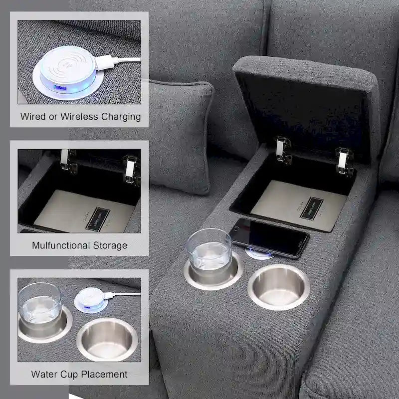 Nowoczesna Sofa Tapicerowana Tkaniną Lnopodobną z Konsolą, 4 Poduszkami, Uchwytami na Kubki, USB
