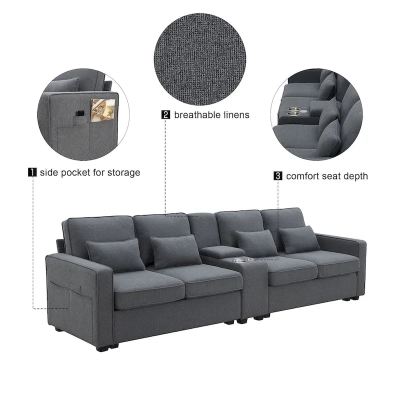 Nowoczesna Sofa Tapicerowana Tkaniną Lnopodobną z Konsolą, 4 Poduszkami, Uchwytami na Kubki, USB