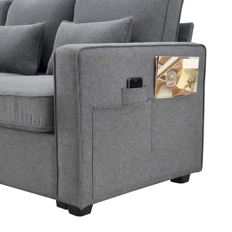 Nowoczesna Sofa Tapicerowana Tkaniną Lnopodobną z Konsolą, 4 Poduszkami, Uchwytami na Kubki, USB