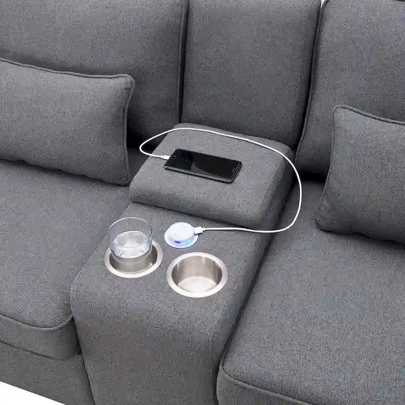 Nowoczesna Sofa Tapicerowana Tkaniną Lnopodobną z Konsolą, 4 Poduszkami, Uchwytami na Kubki, USB