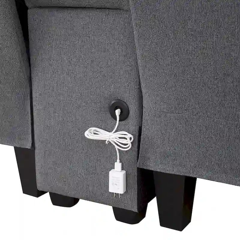 Nowoczesna Sofa Tapicerowana Tkaniną Lnopodobną z Konsolą, 4 Poduszkami, Uchwytami na Kubki, USB