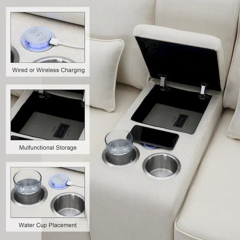 Nowoczesna Sofa Tapicerowana Tkaniną Lnopodobną z Konsolą, 4 Poduszkami, Uchwytami na Kubki, USB