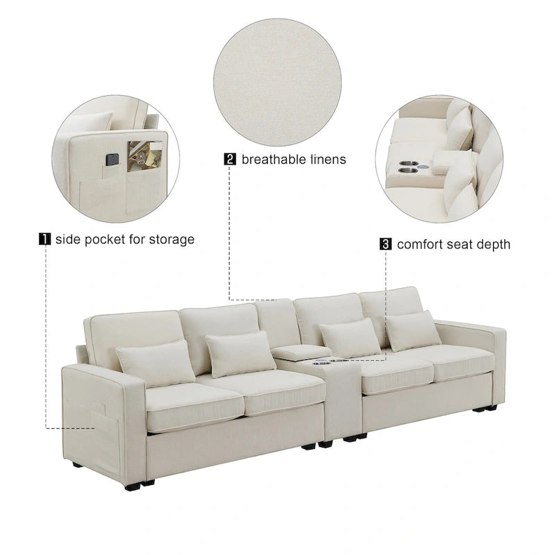 Nowoczesna Sofa Tapicerowana Tkaniną Lnopodobną z Konsolą, 4 Poduszkami, Uchwytami na Kubki, USB
