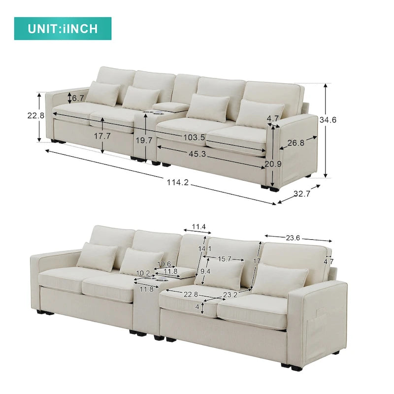 Nowoczesna Sofa Tapicerowana Tkaniną Lnopodobną z Konsolą, 4 Poduszkami, Uchwytami na Kubki, USB