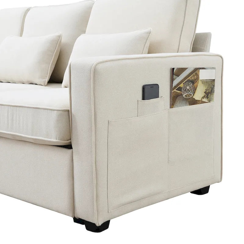 Nowoczesna Sofa Tapicerowana Tkaniną Lnopodobną z Konsolą, 4 Poduszkami, Uchwytami na Kubki, USB