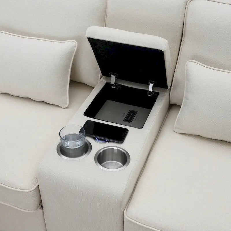 Nowoczesna Sofa Tapicerowana Tkaniną Lnopodobną z Konsolą, 4 Poduszkami, Uchwytami na Kubki, USB