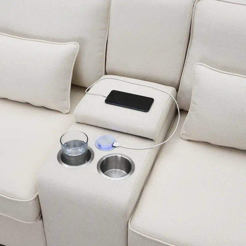 Nowoczesna Sofa Tapicerowana Tkaniną Lnopodobną z Konsolą, 4 Poduszkami, Uchwytami na Kubki, USB