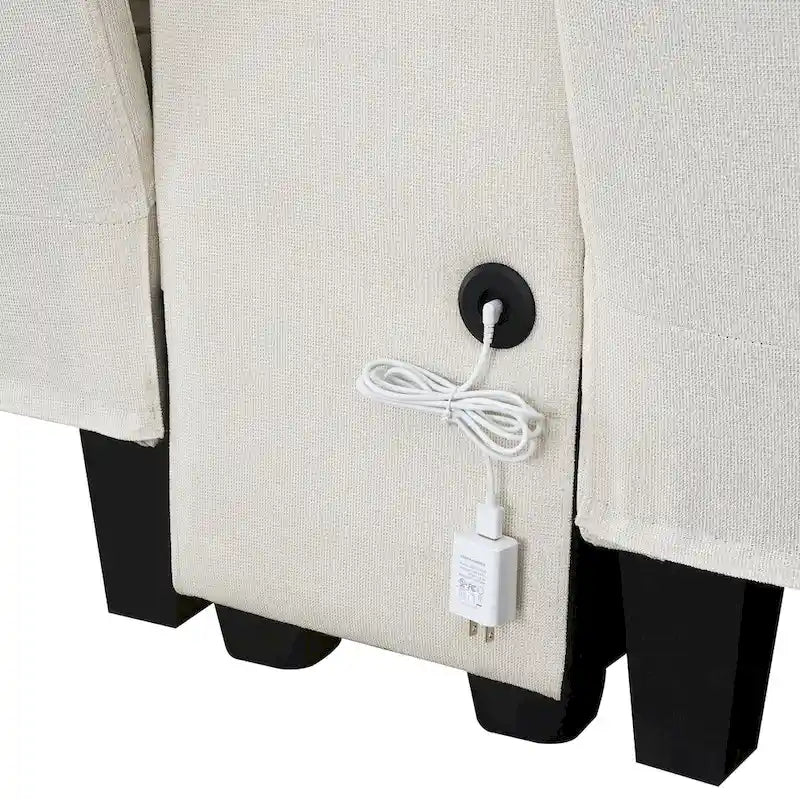 Nowoczesna Sofa Tapicerowana Tkaniną Lnopodobną z Konsolą, 4 Poduszkami, Uchwytami na Kubki, USB