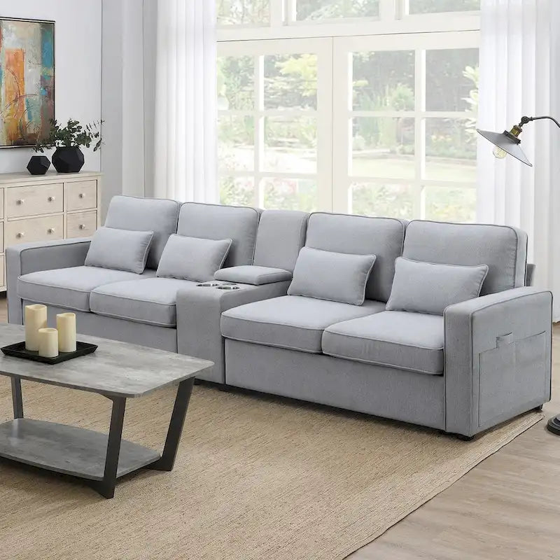 Nowoczesna Sofa Tapicerowana Tkaniną Lnopodobną z Konsolą, 4 Poduszkami, Uchwytami na Kubki, USB