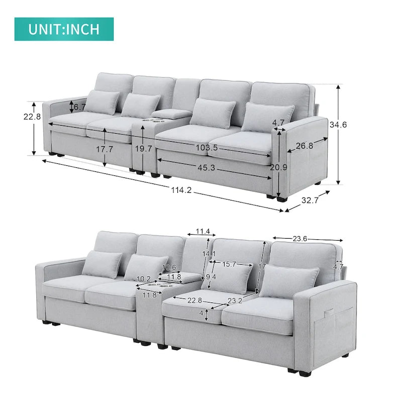 Nowoczesna Sofa Tapicerowana Tkaniną Lnopodobną z Konsolą, 4 Poduszkami, Uchwytami na Kubki, USB