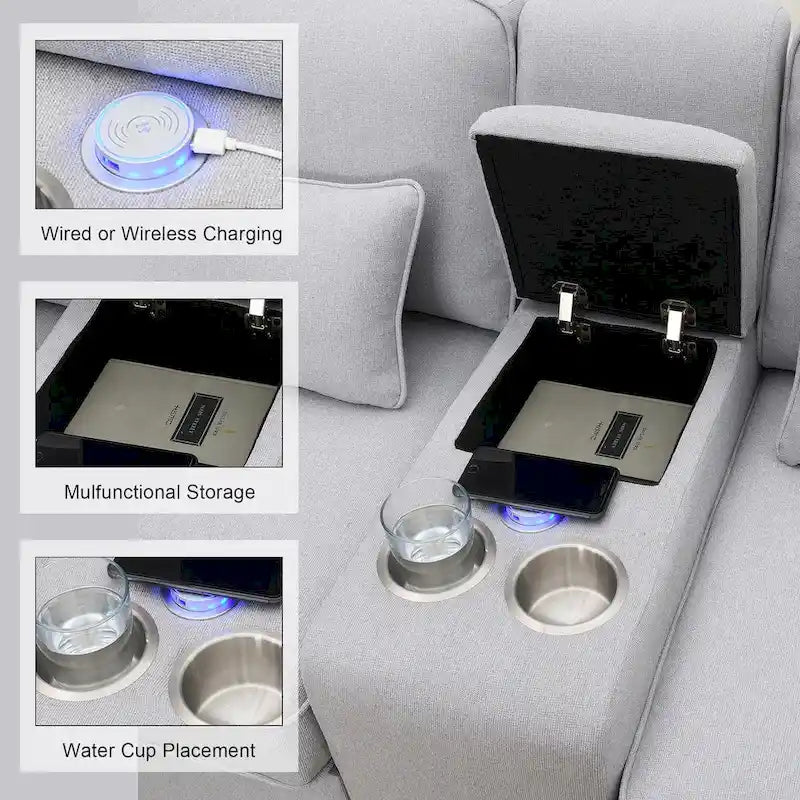 Nowoczesna Sofa Tapicerowana Tkaniną Lnopodobną z Konsolą, 4 Poduszkami, Uchwytami na Kubki, USB