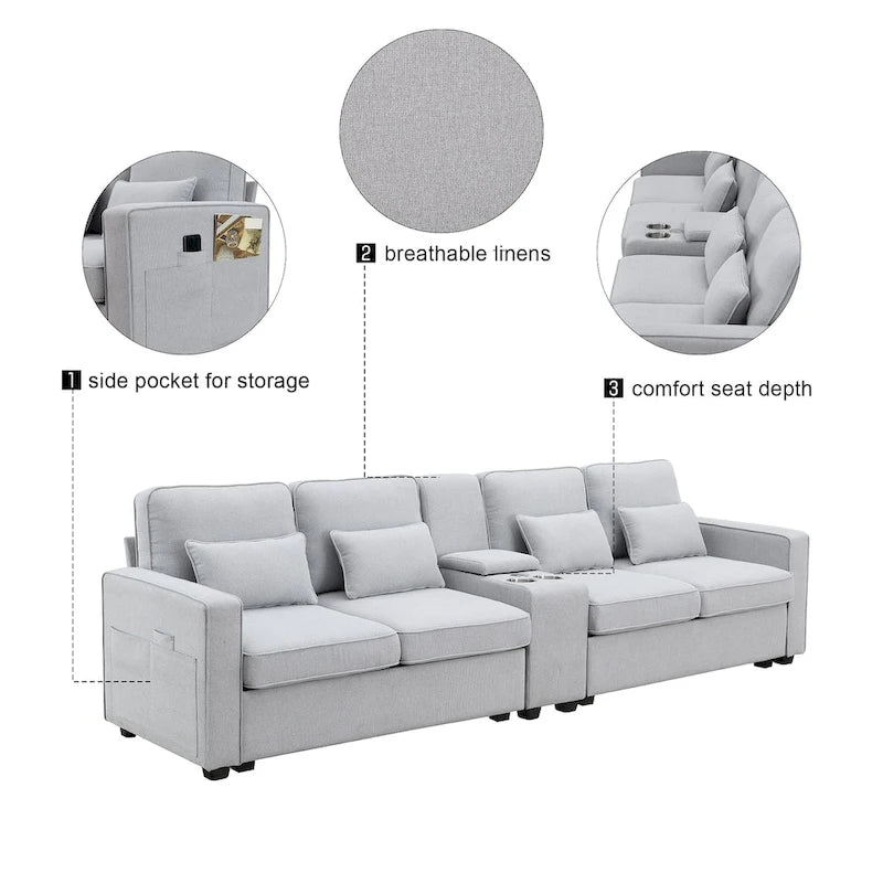 Nowoczesna Sofa Tapicerowana Tkaniną Lnopodobną z Konsolą, 4 Poduszkami, Uchwytami na Kubki, USB