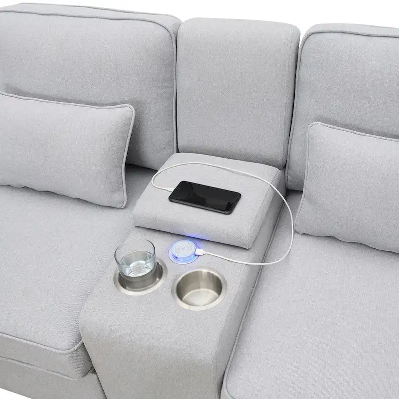 Nowoczesna Sofa Tapicerowana Tkaniną Lnopodobną z Konsolą, 4 Poduszkami, Uchwytami na Kubki, USB