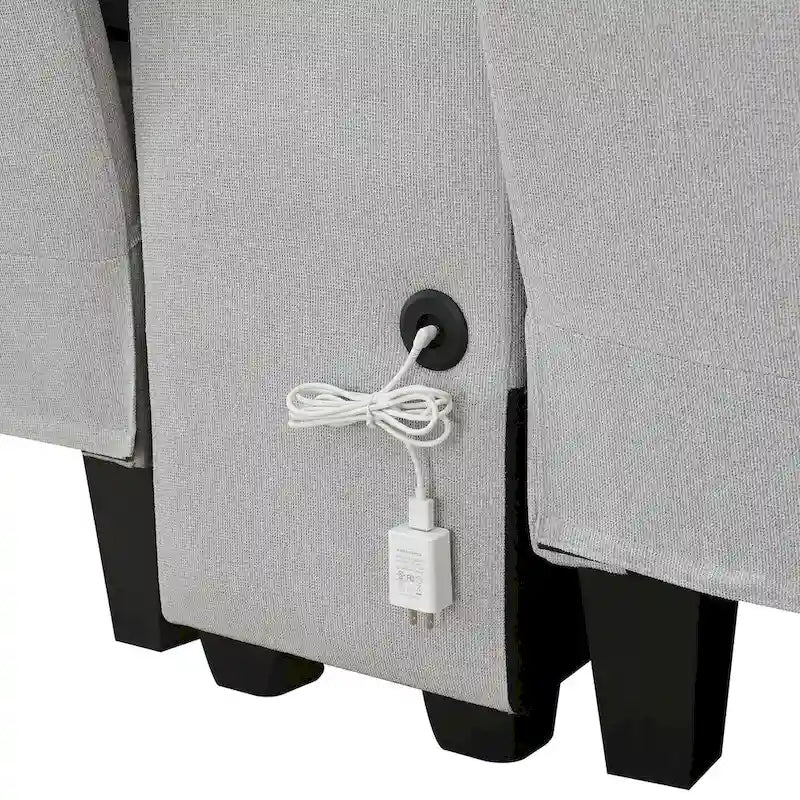 Nowoczesna Sofa Tapicerowana Tkaniną Lnopodobną z Konsolą, 4 Poduszkami, Uchwytami na Kubki, USB