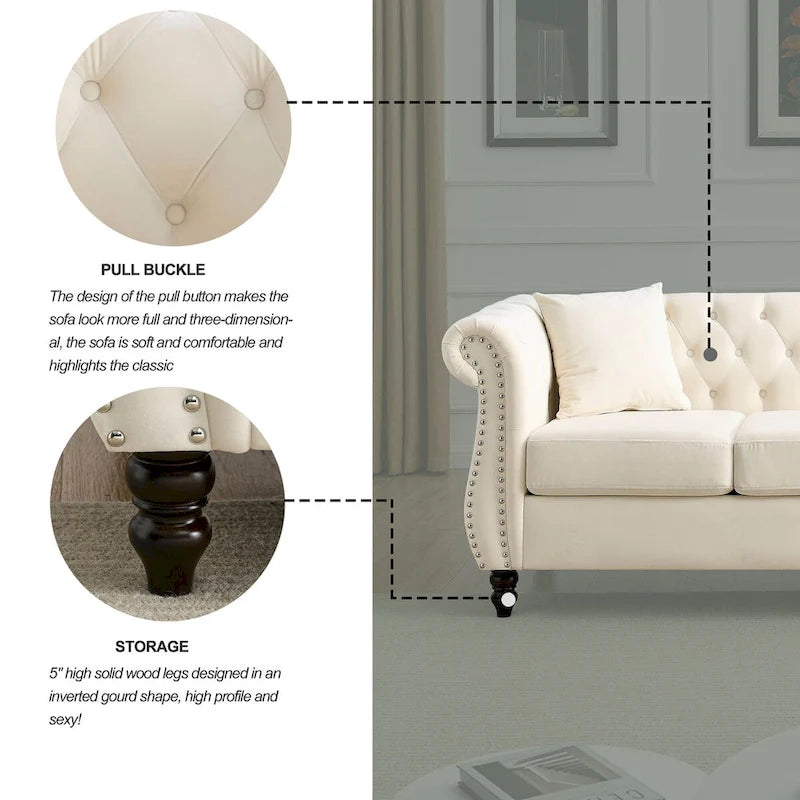 Canapé Chesterfield 80" en Velours Beige pour Salon, Canapé 3 Places Capitonné avec Accoudoirs Roulés et Clous Décoratifs, deux Oreillers