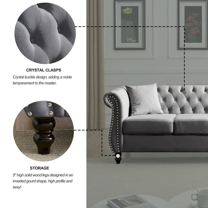 Canapé Chesterfield 80" en Velours Beige pour Salon, Canapé 3 Places Capitonné avec Accoudoirs Roulés et Clous Décoratifs, deux Oreillers