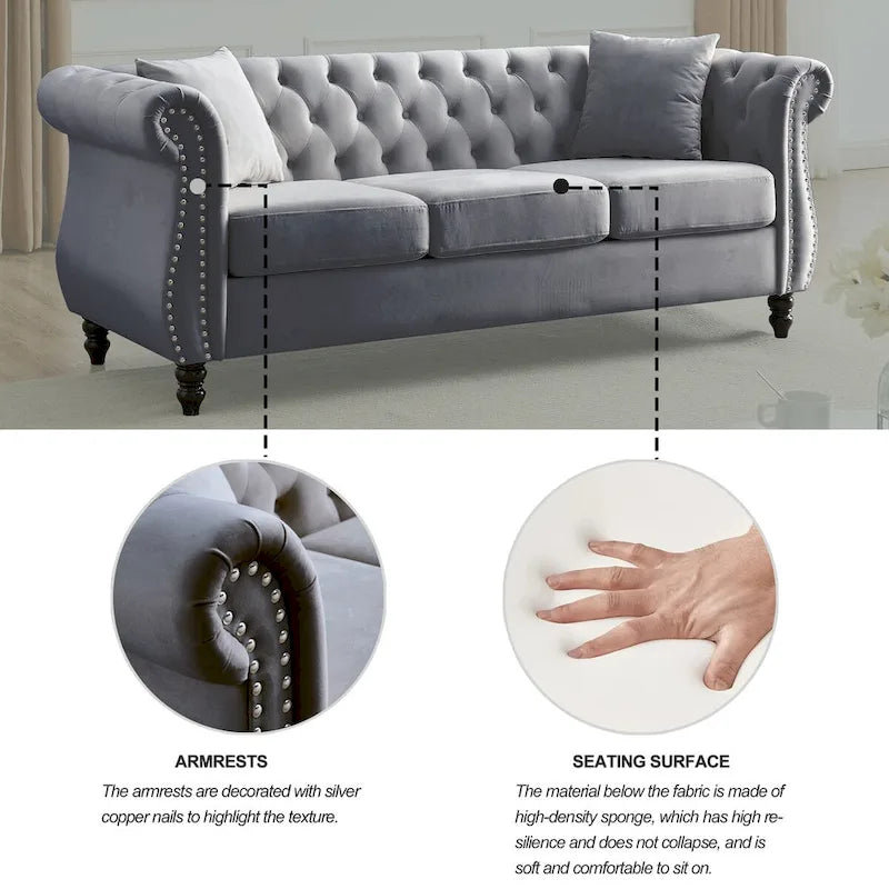 Canapé Chesterfield 80" en Velours Beige pour Salon, Canapé 3 Places Capitonné avec Accoudoirs Roulés et Clous Décoratifs, deux Oreillers