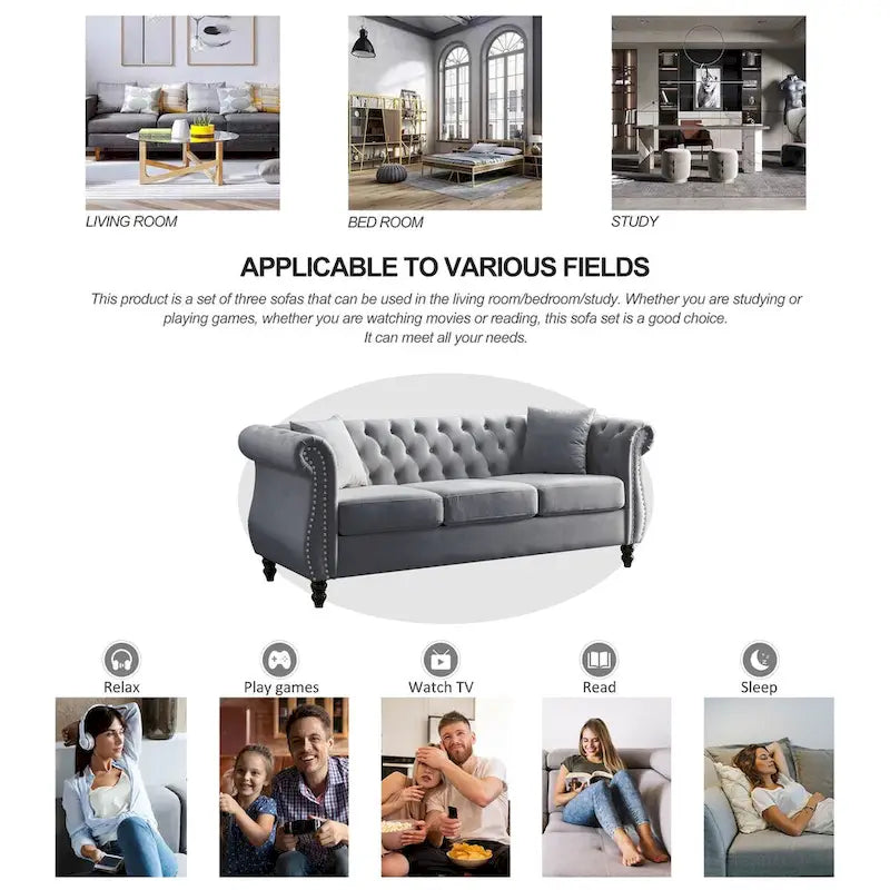 Canapé Chesterfield 80" en Velours Beige pour Salon, Canapé 3 Places Capitonné avec Accoudoirs Roulés et Clous Décoratifs, deux Oreillers