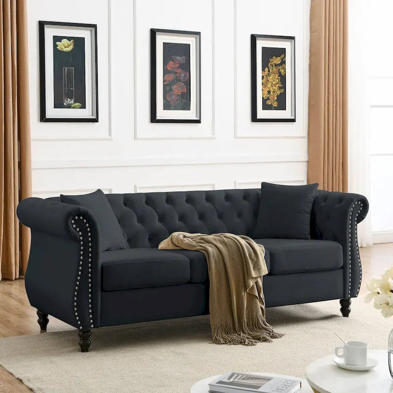 Canapé Chesterfield 80" en Velours Beige pour Salon, Canapé 3 Places Capitonné avec Accoudoirs Roulés et Clous Décoratifs, deux Oreillers