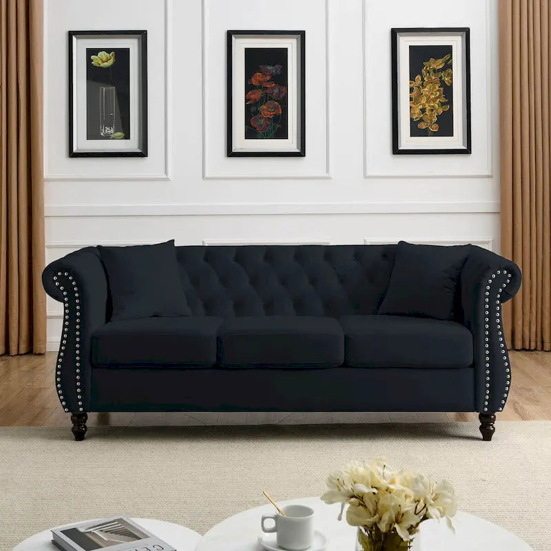 Canapé Chesterfield 80" en Velours Beige pour Salon, Canapé 3 Places Capitonné avec Accoudoirs Roulés et Clous Décoratifs, deux Oreillers