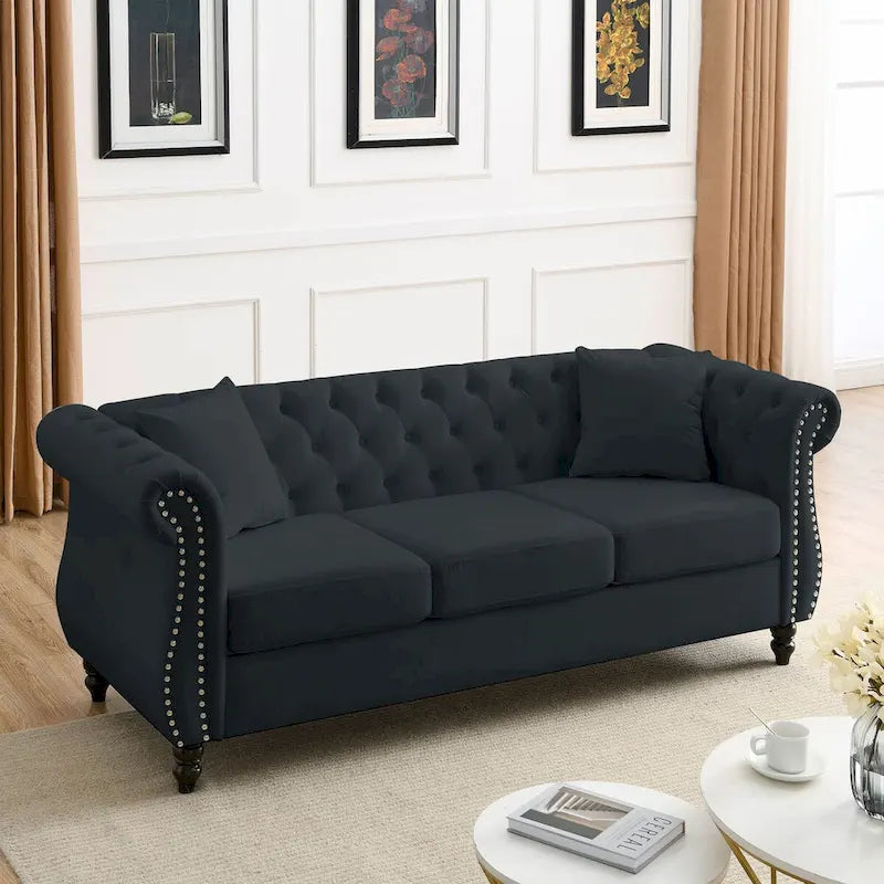 Canapé Chesterfield 80" en Velours Beige pour Salon, Canapé 3 Places Capitonné avec Accoudoirs Roulés et Clous Décoratifs, deux Oreillers