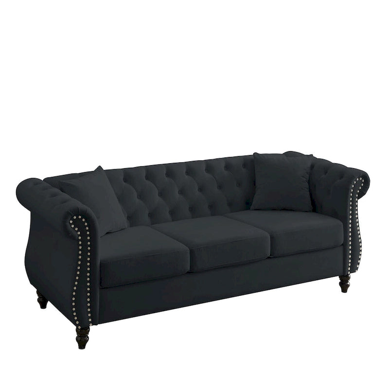 Canapé Chesterfield 80" en Velours Beige pour Salon, Canapé 3 Places Capitonné avec Accoudoirs Roulés et Clous Décoratifs, deux Oreillers