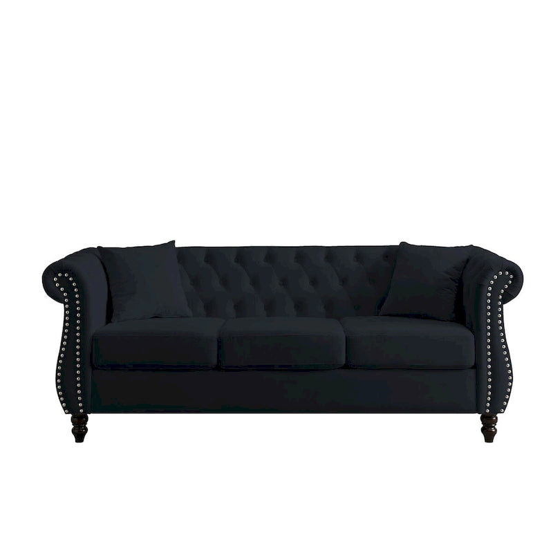 Canapé Chesterfield 80" en Velours Beige pour Salon, Canapé 3 Places Capitonné avec Accoudoirs Roulés et Clous Décoratifs, deux Oreillers