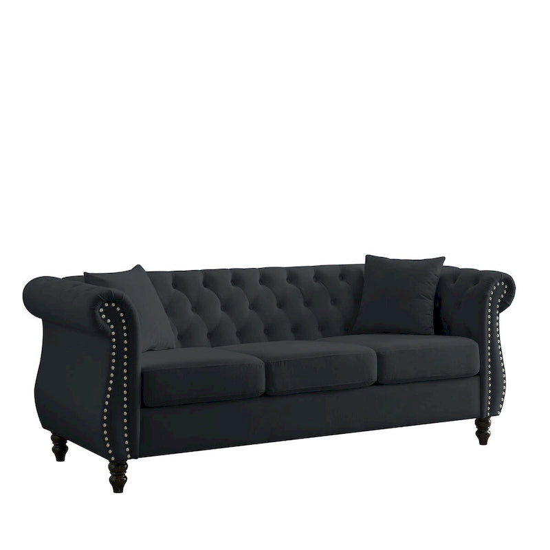Canapé Chesterfield 80" en Velours Beige pour Salon, Canapé 3 Places Capitonné avec Accoudoirs Roulés et Clous Décoratifs, deux Oreillers