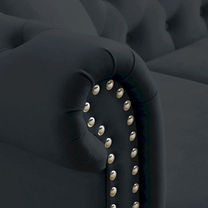 Canapé Chesterfield 80" en Velours Beige pour Salon, Canapé 3 Places Capitonné avec Accoudoirs Roulés et Clous Décoratifs, deux Oreillers