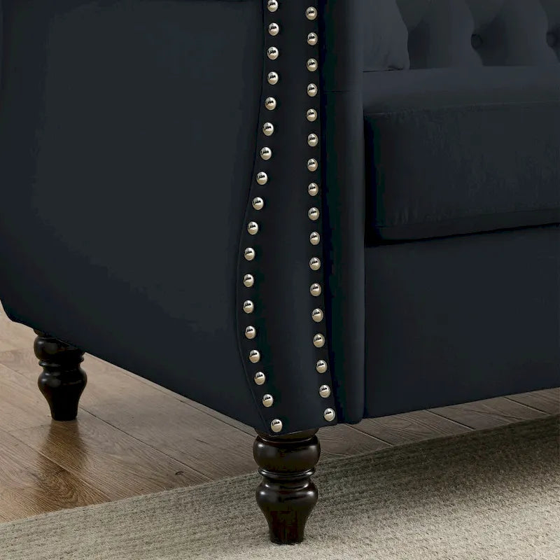 Canapé Chesterfield 80" en Velours Beige pour Salon, Canapé 3 Places Capitonné avec Accoudoirs Roulés et Clous Décoratifs, deux Oreillers