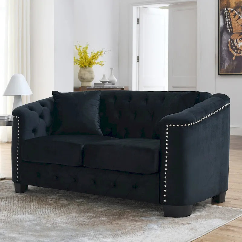 Canapé moderne en velours de 59 po, canapé 2 places, dossiers touffetés rembourrés avec accoudoirs cloutés et 2 coussins pour le salon