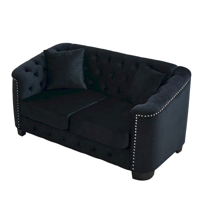 Canapé moderne en velours de 59 po, canapé 2 places, dossiers touffetés rembourrés avec accoudoirs cloutés et 2 coussins pour le salon