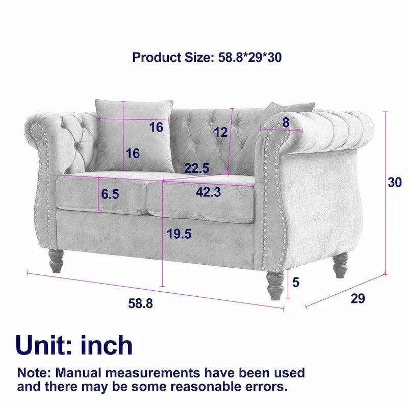 Causeuse chesterfield en velours, accoudoirs arrondis, garniture cloutée