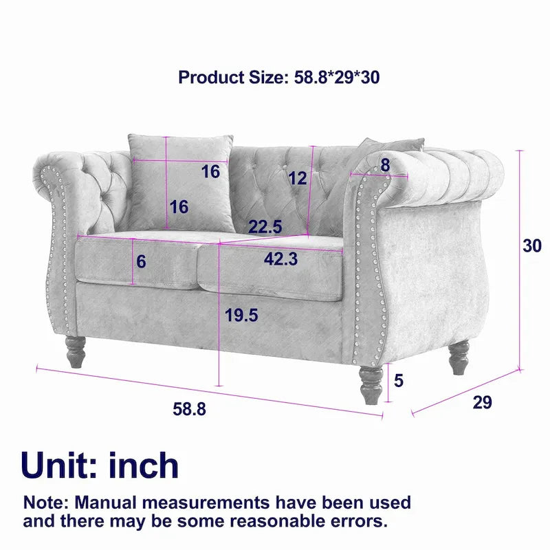Causeuse chesterfield en velours, accoudoirs arrondis, garniture cloutée
