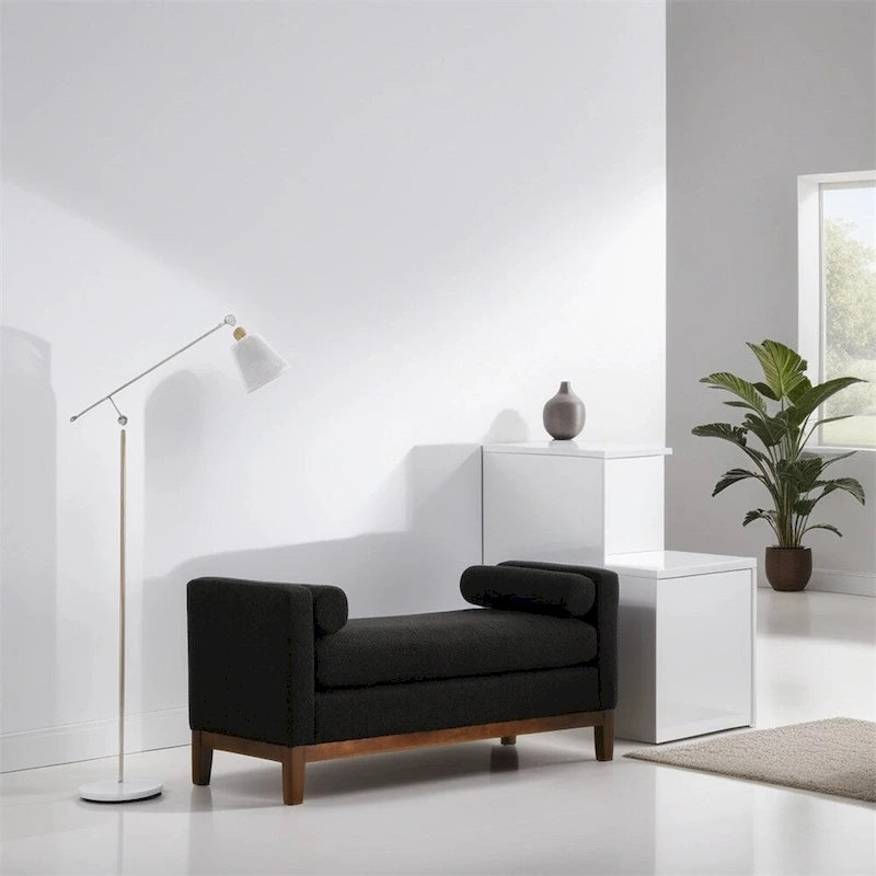 Banc rembourré élégant, pouf avec pieds en bois et coussins cylindriques