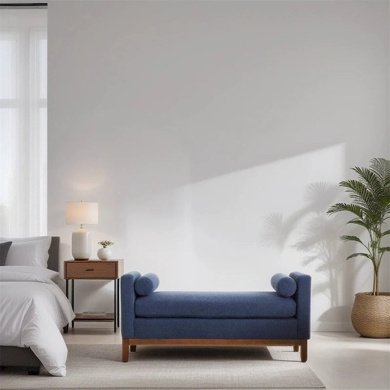 Banc rembourré élégant, pouf avec pieds en bois et coussins cylindriques