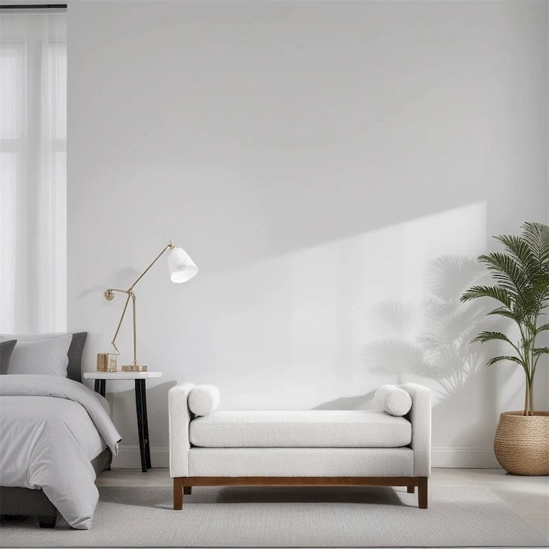 Banc rembourré élégant, pouf avec pieds en bois et coussins cylindriques