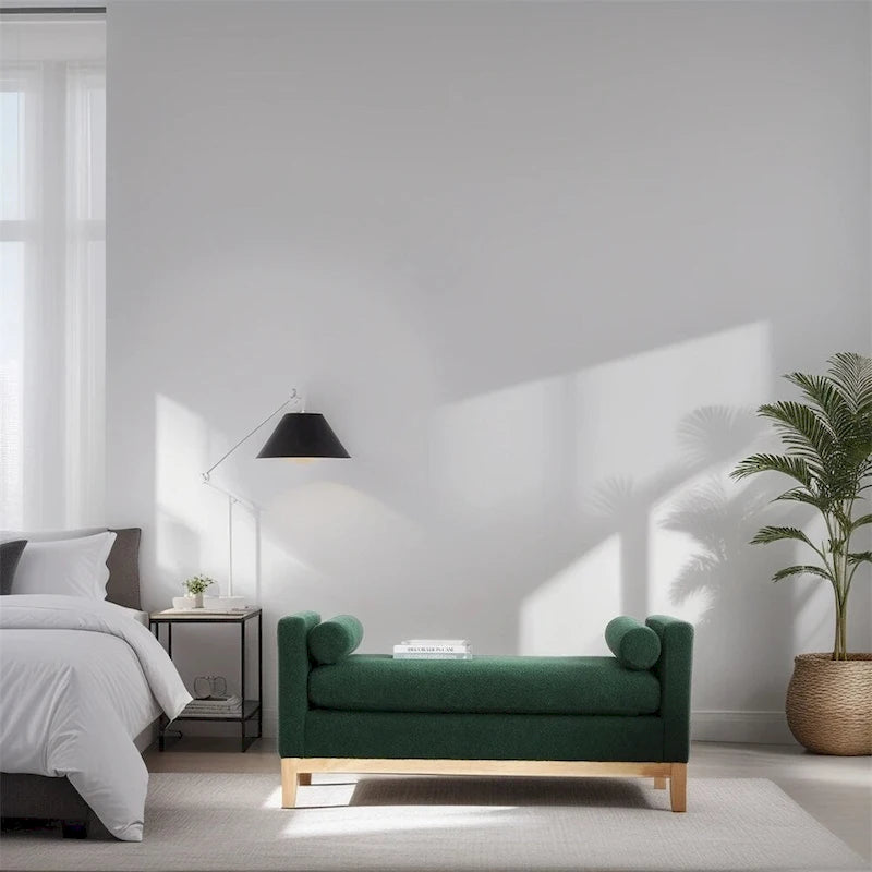 Banc rembourré élégant, pouf avec pieds en bois et coussins cylindriques