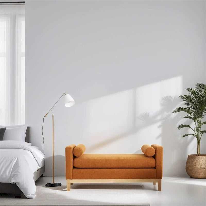 Banc rembourré élégant, pouf avec pieds en bois et coussins cylindriques