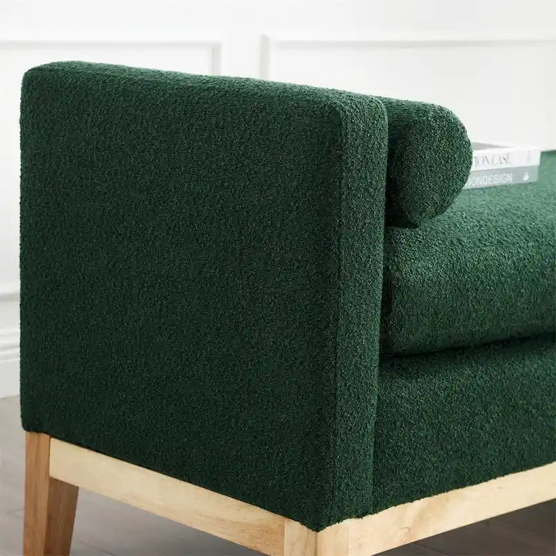 Banc rembourré élégant, pouf avec pieds en bois et coussins cylindriques