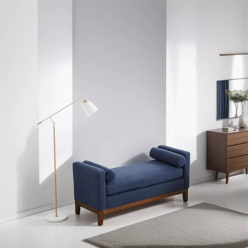 Banc rembourré élégant, pouf avec pieds en bois et coussins cylindriques