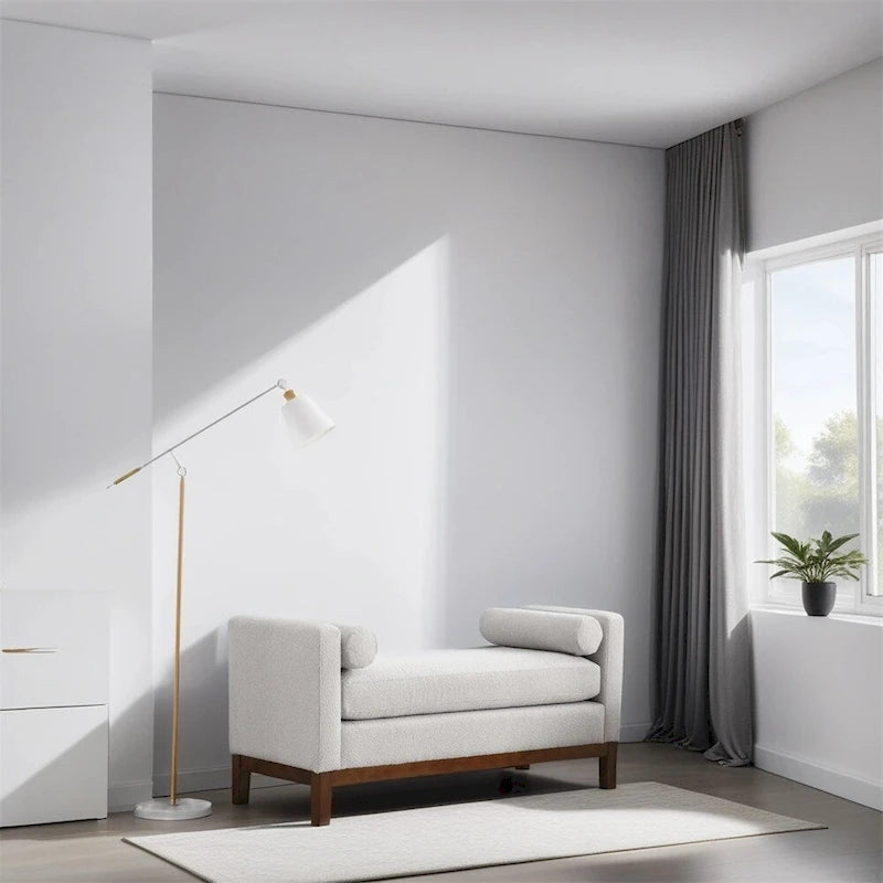 Banc rembourré élégant, pouf avec pieds en bois et coussins cylindriques