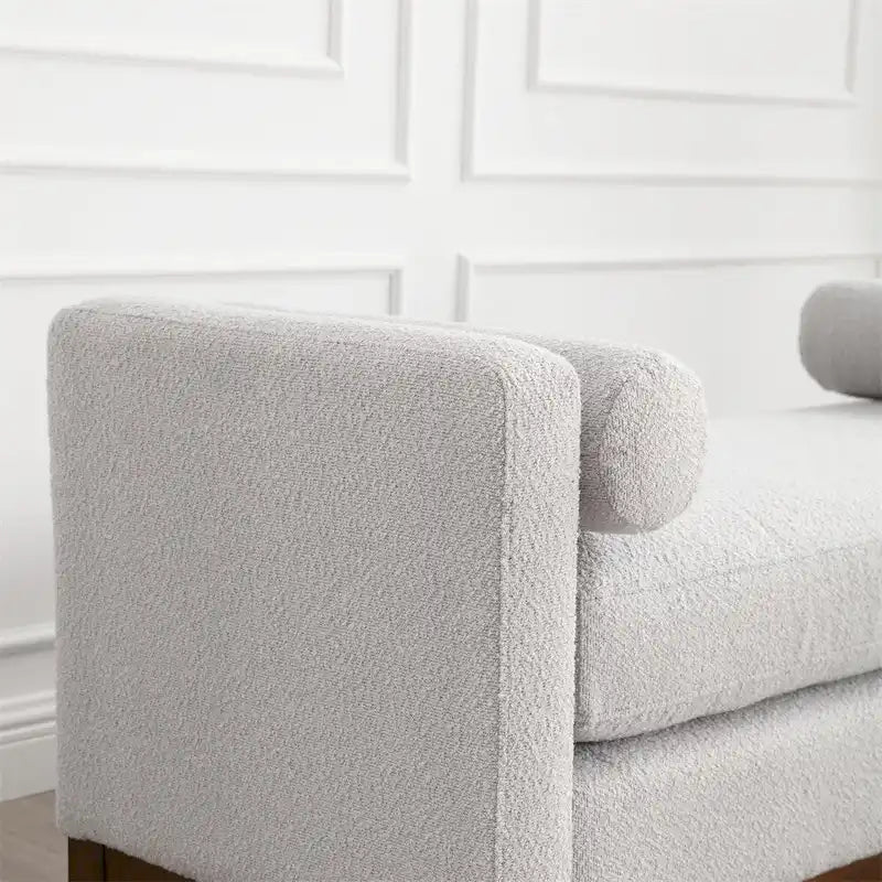Banc rembourré élégant, pouf avec pieds en bois et coussins cylindriques