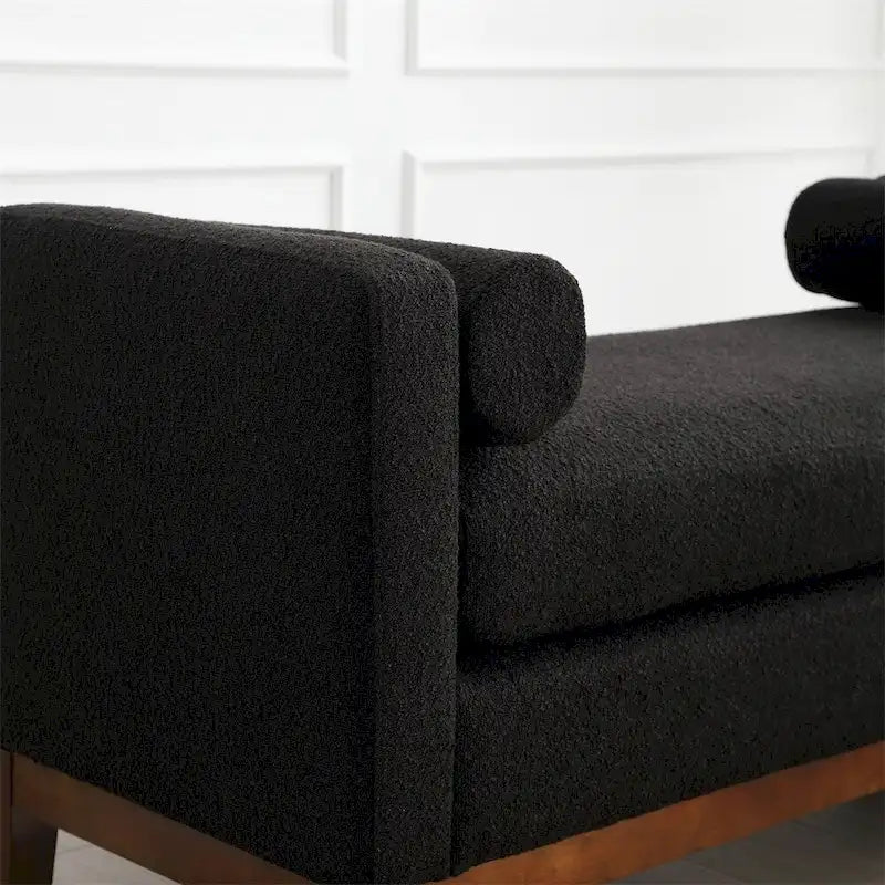 Banc rembourré élégant, pouf avec pieds en bois et coussins cylindriques