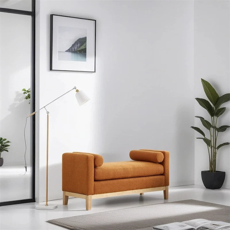 Banc rembourré élégant, pouf avec pieds en bois et coussins cylindriques